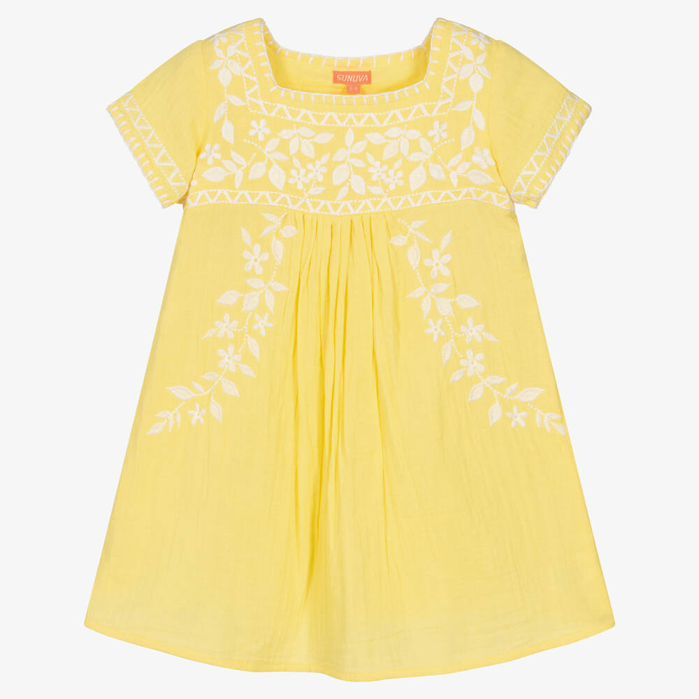 Sunuva - Robe jaune brodée en coton fille | Childrensalon