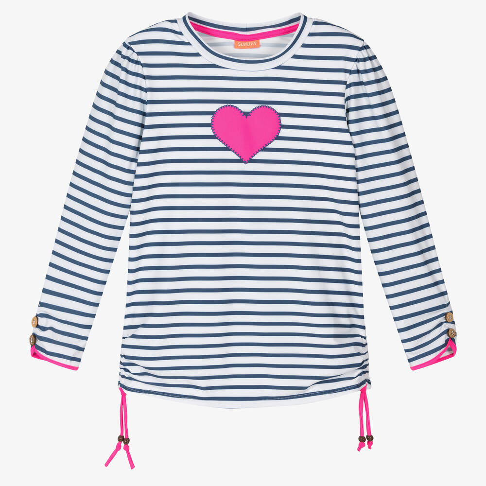 Sunuva - Teen Girls Blue Stripe Heart Swim Top | Childrensalon
