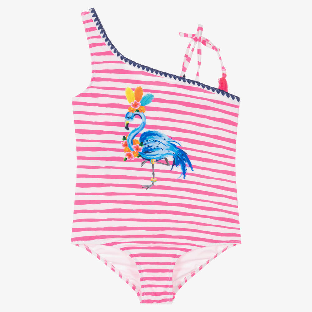 Sunuva - Teen Girls Pink Striped Asymmetric Swimsuit | Childrensalon