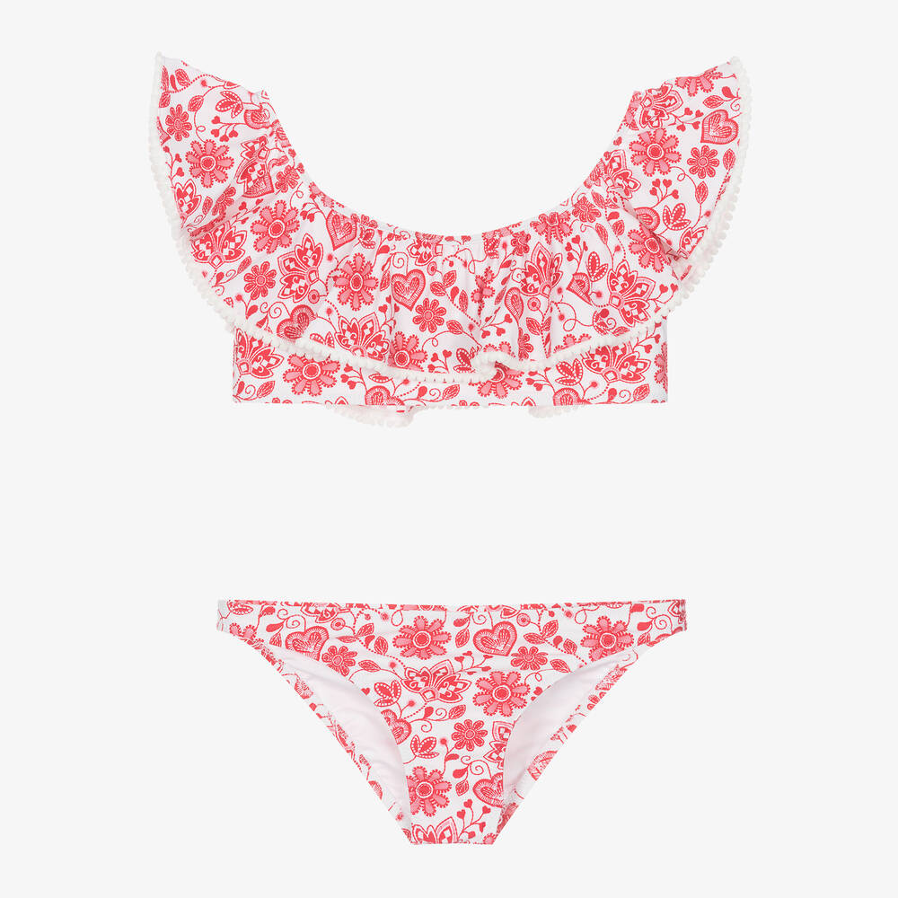 Sunuva-Teen Girls Red Floral Pom-Pom Bikini | Childrensalon Outlet