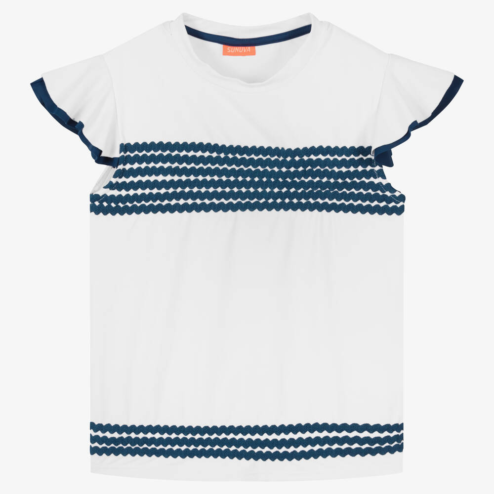 Sunuva - Teen Girls White & Blue Ruffle Swim T-Shirt | Childrensalon