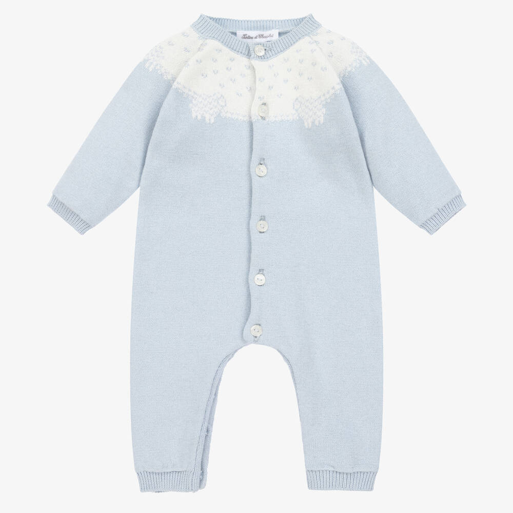 Tartine et Chocolat - Baby Boys Blue Cotton Knitted Romper | Childrensalon