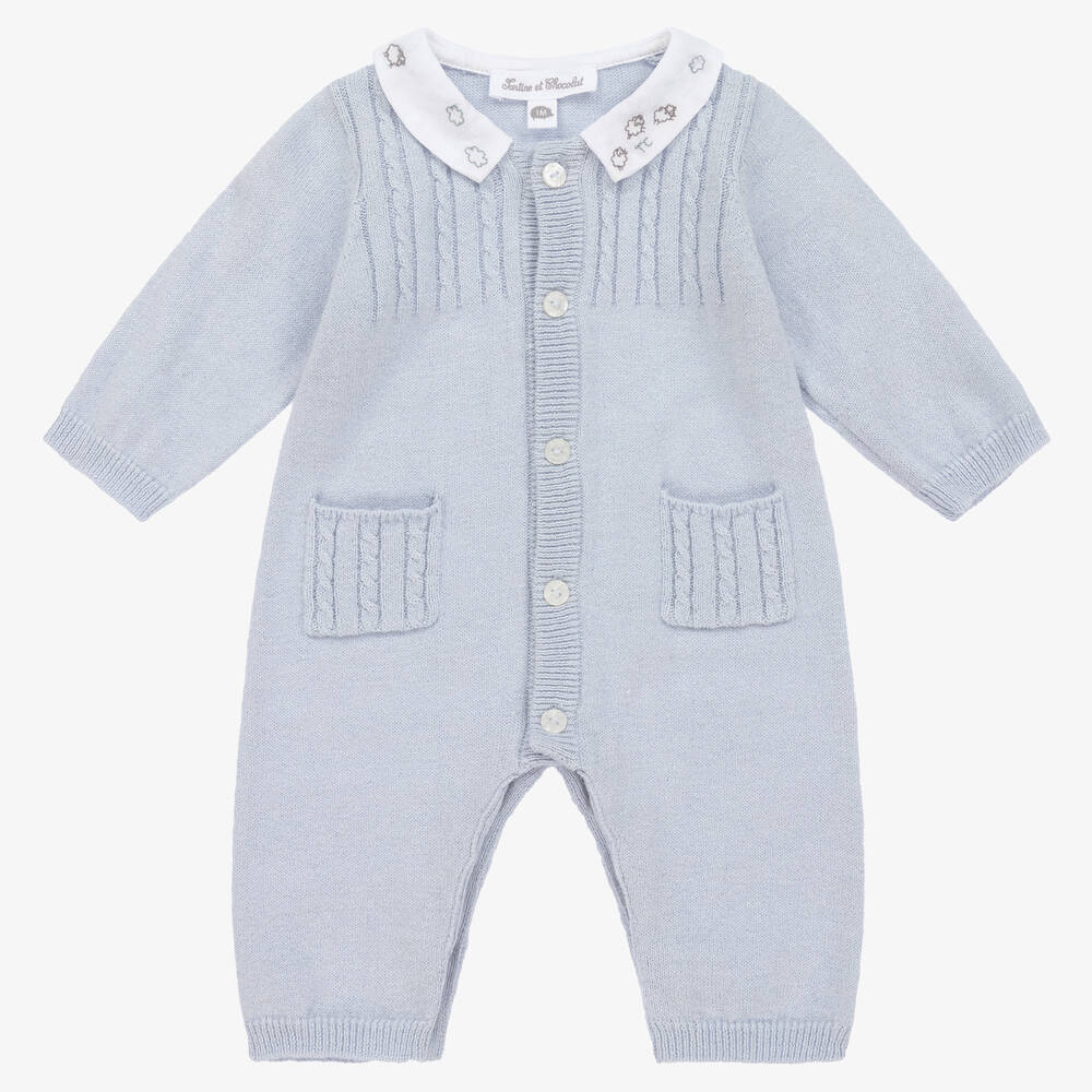 Tartine et Chocolat - Baby Boys Blue Cotton Knitted Romper | Childrensalon