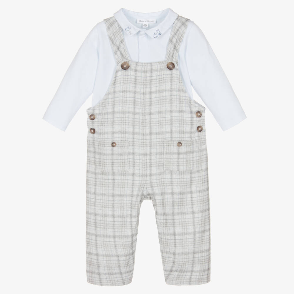 Tartine et Chocolat-Baby Boys Blue & Grey Check Cotton Dungarees Set | Childrensalon Outlet