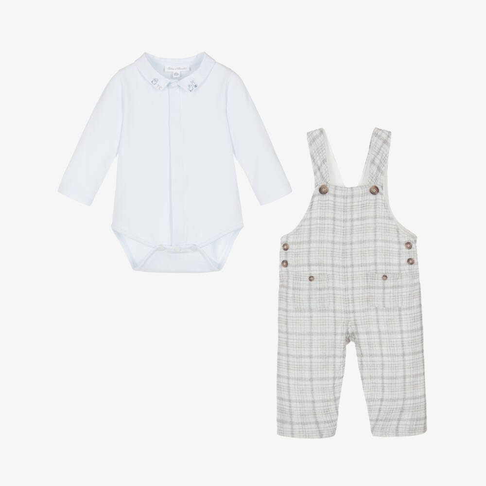 Tartine et Chocolat-Baby Boys Blue & Grey Check Cotton Dungarees Set | Childrensalon Outlet