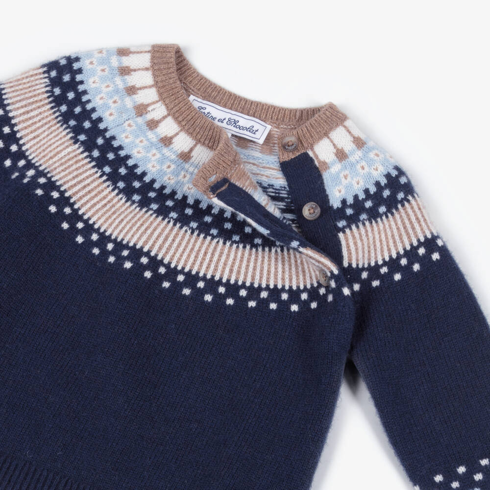 Tartine et Chocolat-Baby Boys Navy Blue Fair Isle Wool Knit Sweater | Childrensalon Outlet
