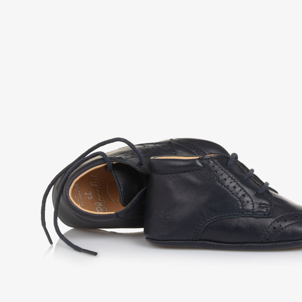 Tartine et Chocolat-Baby Boys Navy Blue Leather Brogue Pre-Walkers | Childrensalon Outlet