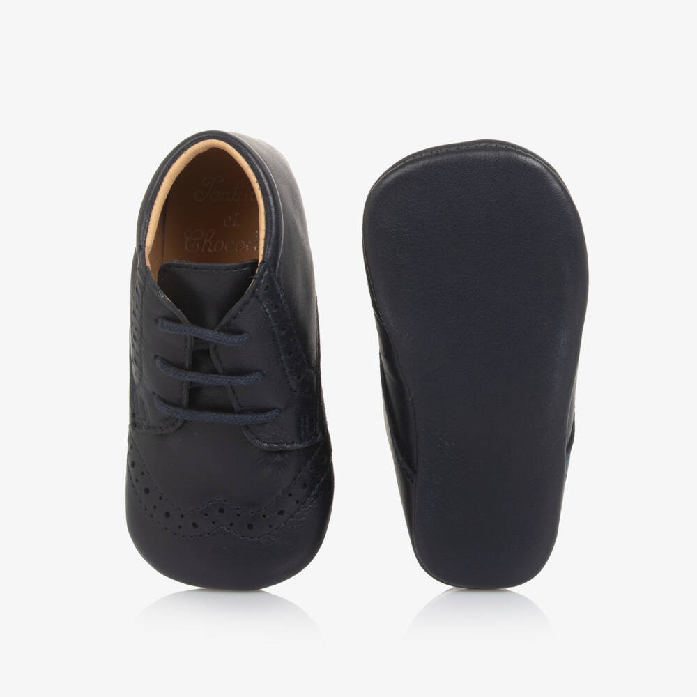 Tartine et Chocolat-Baby Boys Navy Blue Leather Brogue Pre-Walkers | Childrensalon Outlet