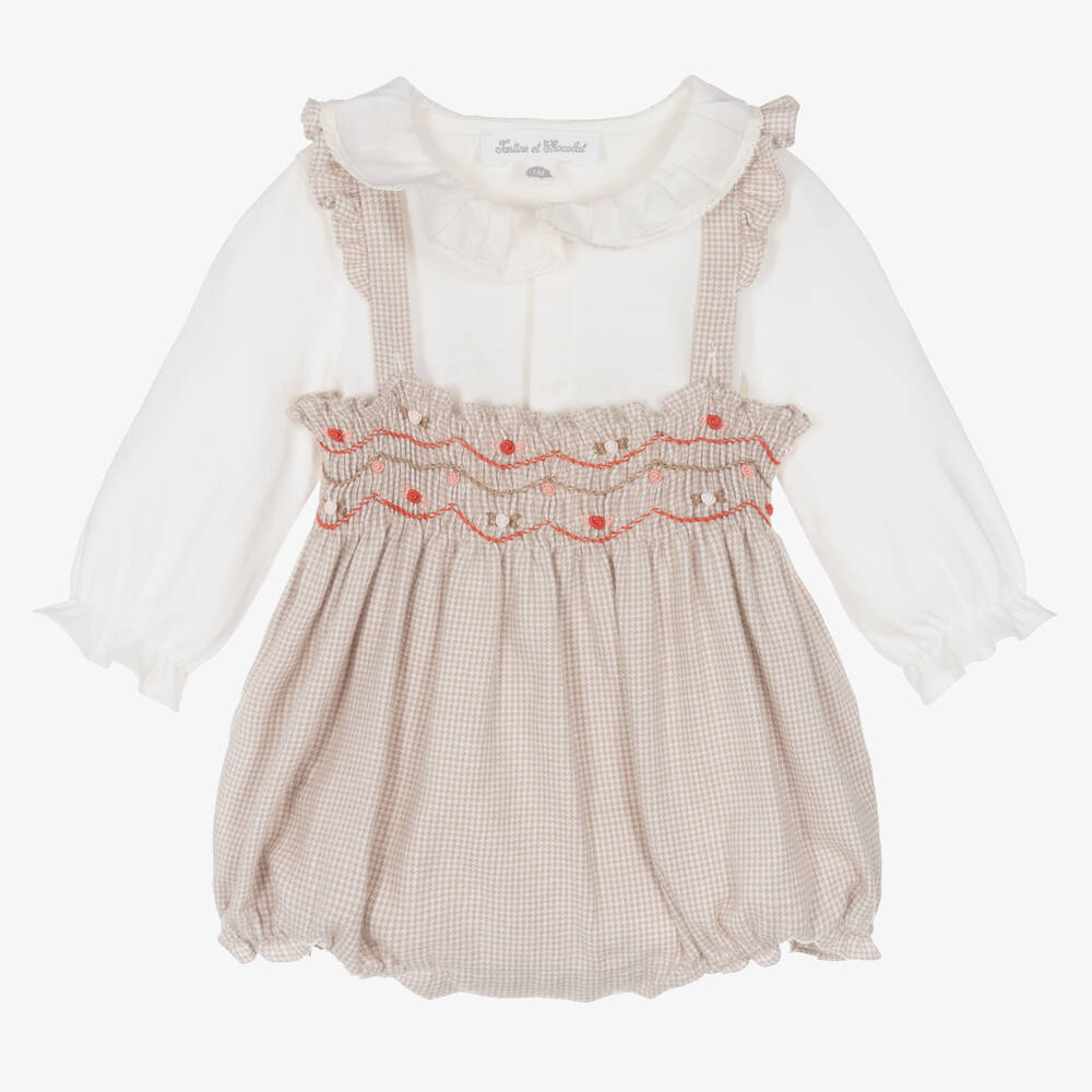 Tartine et Chocolat - Ensemble short pied-de-poule beige bébé fille | Childrensalon