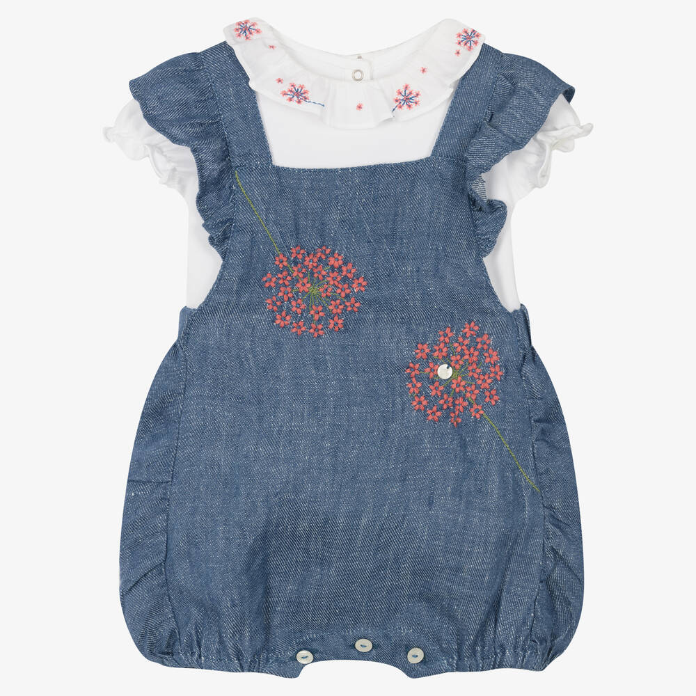 Tartine et Chocolat - Baby Girls Blue & White Dungarees Set | Childrensalon