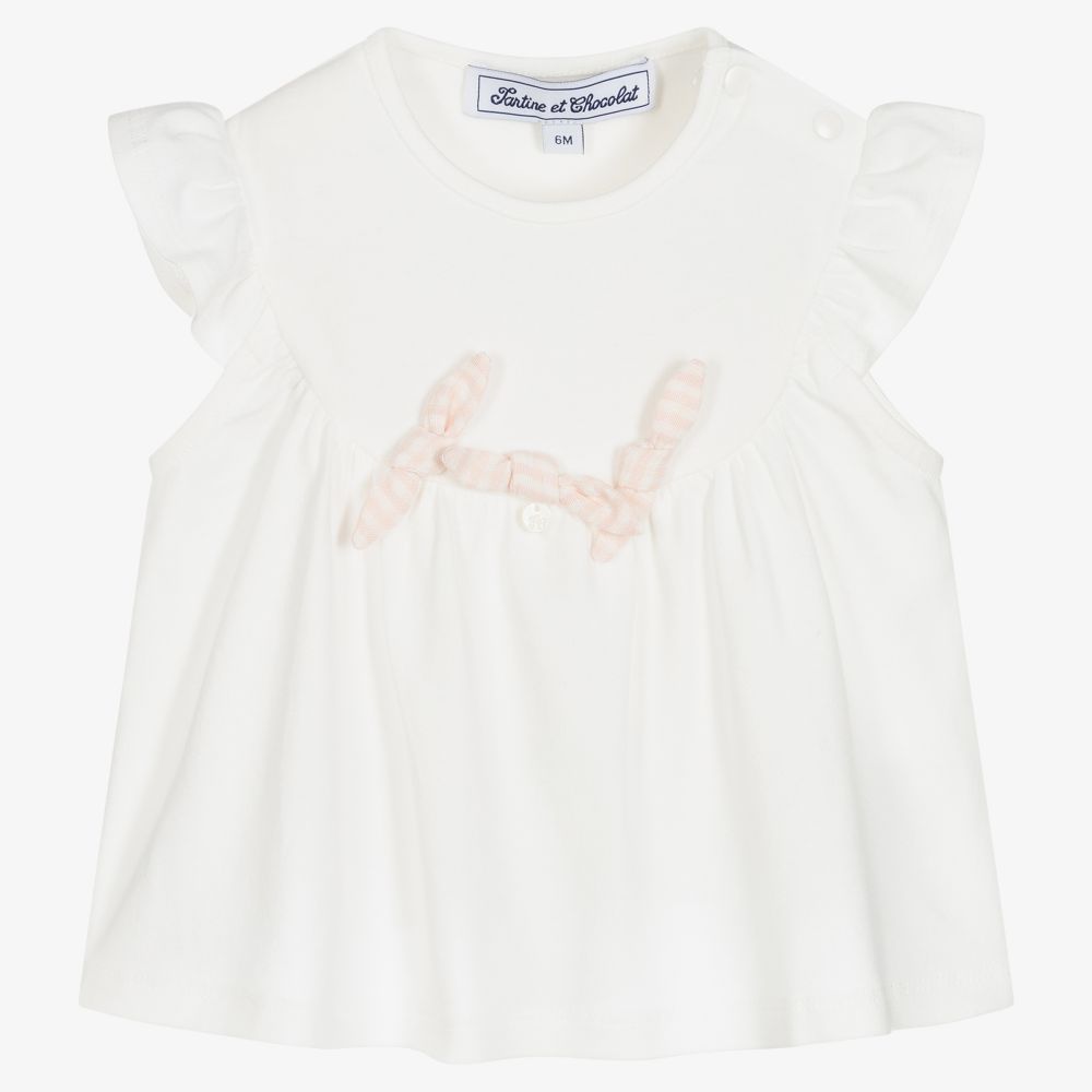 Tartine et Chocolat-Baby Girls Ivory Bows Top | Childrensalon Outlet