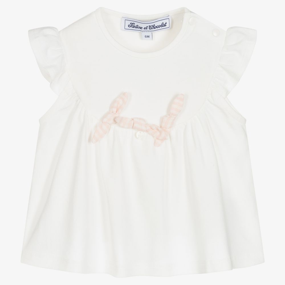 Tartine et Chocolat - Baby Girls Ivory Bows Top | Childrensalon