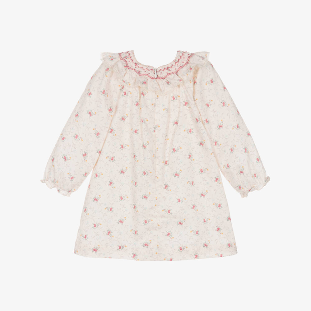 Tartine et Chocolat-Baby Girls Ivory & Pink Cotton Floral Dress with Hand Smocking | Childrensalon Outlet