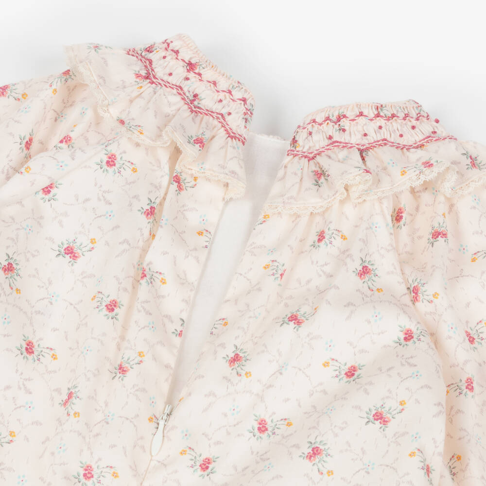 Tartine et Chocolat-Baby Girls Ivory & Pink Cotton Floral Dress with Hand Smocking | Childrensalon Outlet