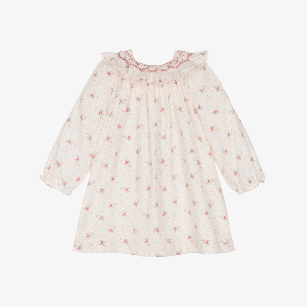 Tartine et Chocolat-Baby Girls Ivory & Pink Cotton Floral Dress with Hand Smocking | Childrensalon Outlet