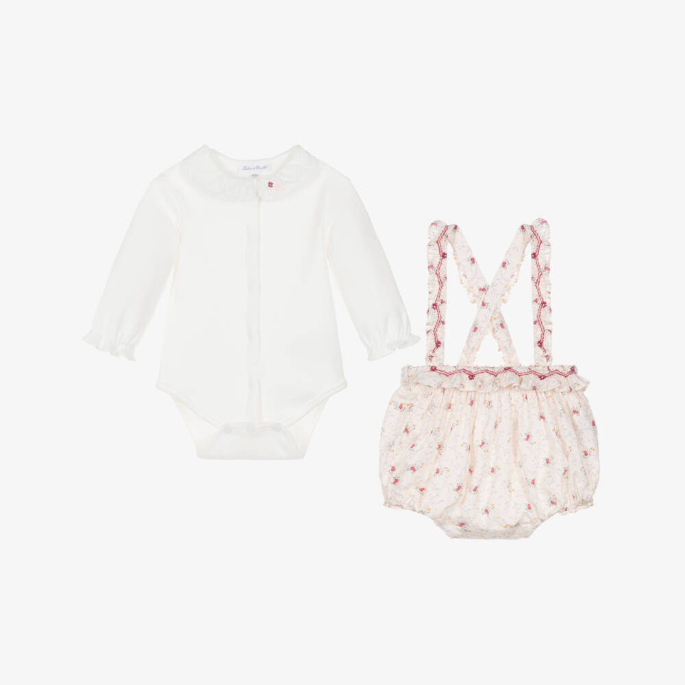 Tartine et Chocolat-Baby Girls Ivory & Pink Floral Shortie Set | Childrensalon Outlet
