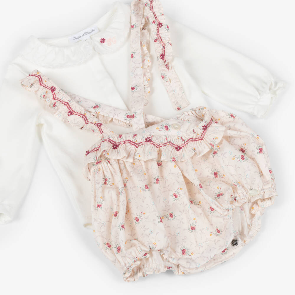 Tartine et Chocolat-Baby Girls Ivory & Pink Floral Shortie Set | Childrensalon Outlet