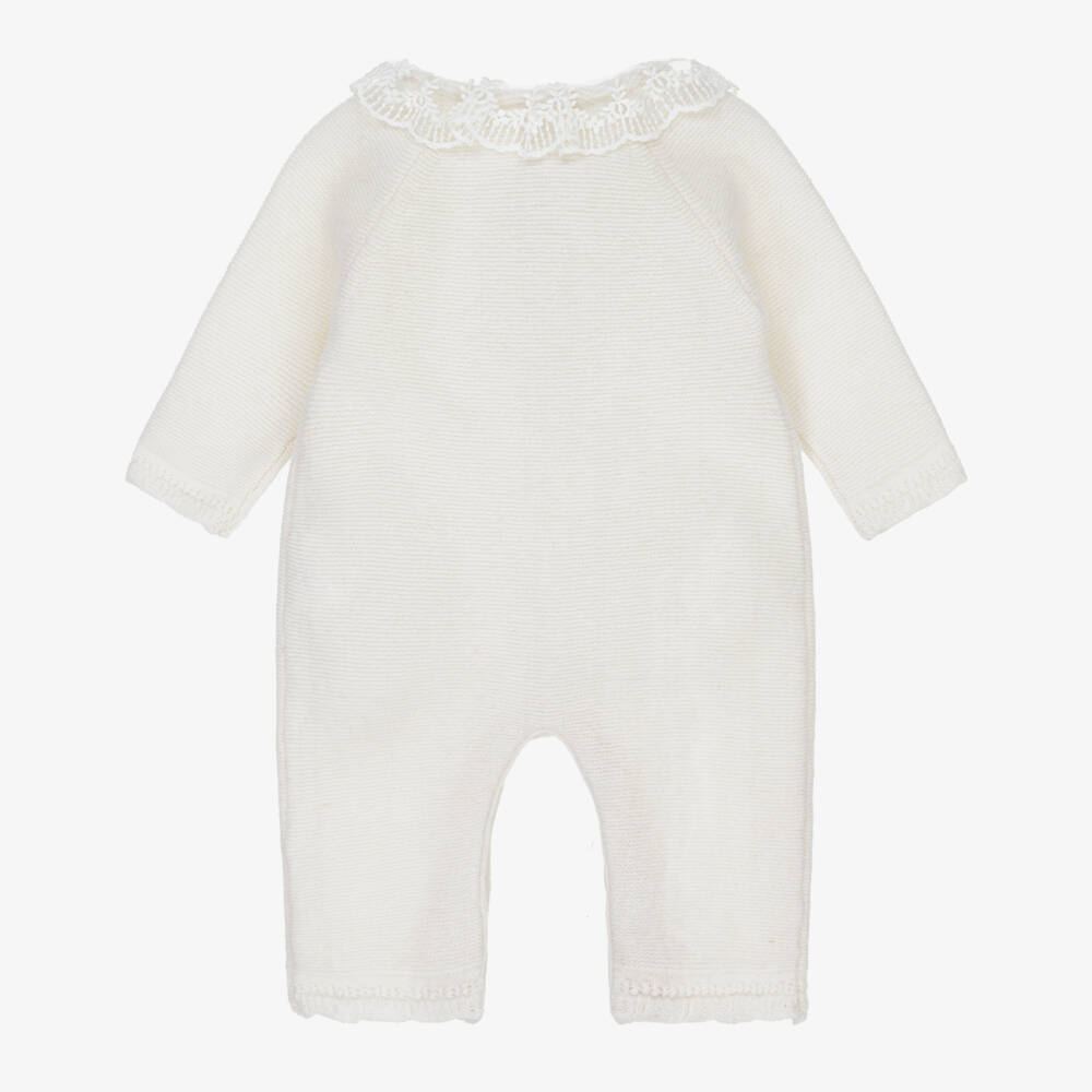 Tartine et Chocolat-Baby Girls Ivory Wool & Cashmere Romper with Lace Collar | Childrensalon Outlet