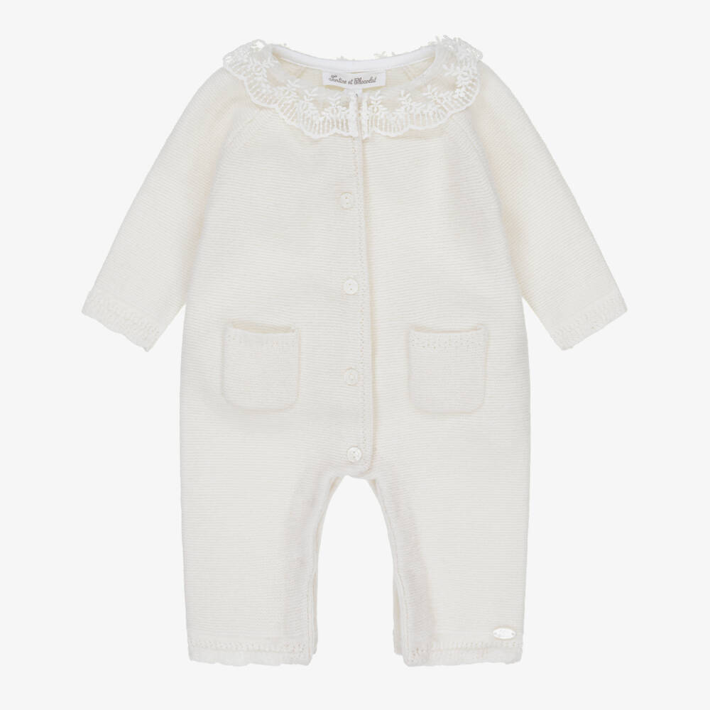 Tartine et Chocolat-Baby Girls Ivory Wool & Cashmere Romper with Lace Collar | Childrensalon Outlet