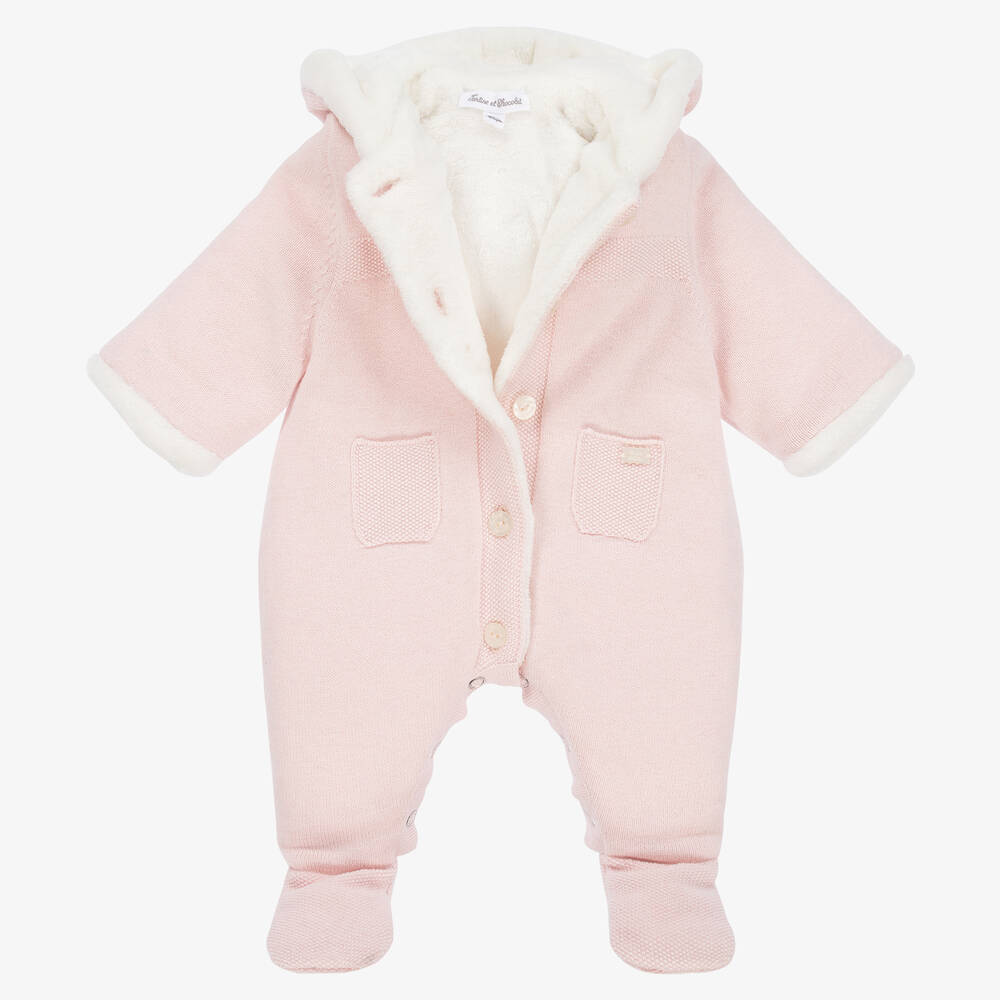 Tartine et Chocolat-Baby Girls Pink Cotton Knit Pramsuit | Childrensalon Outlet