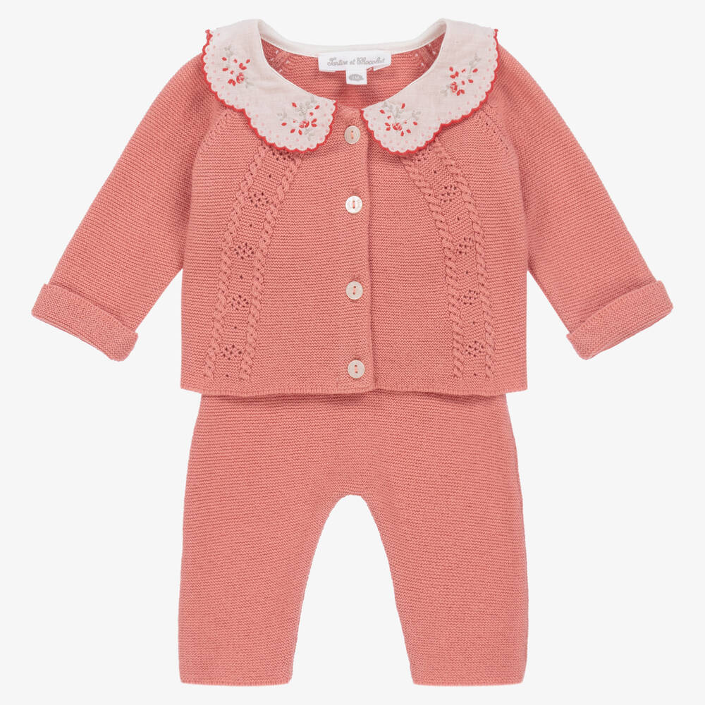 Tartine et Chocolat - Baby Girls Pink Cotton Knit Trouser Set | Childrensalon