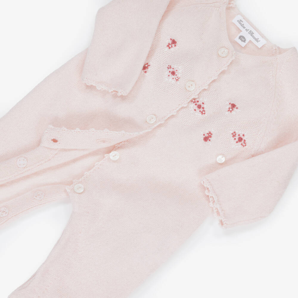 Tartine et Chocolat-Baby Girls Pink Cotton & Wool Hand-Embroidered Romper | Childrensalon Outlet