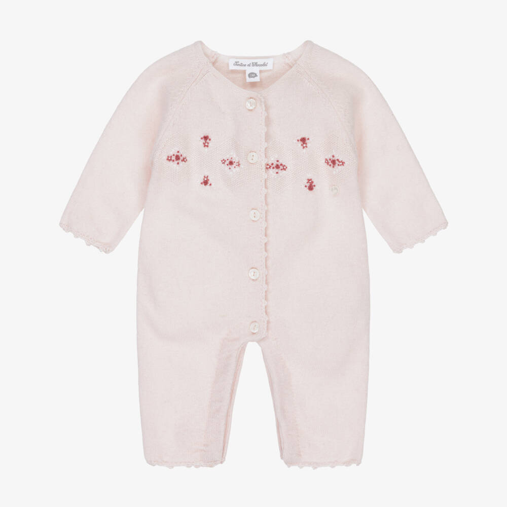 Tartine et Chocolat-Baby Girls Pink Cotton & Wool Hand-Embroidered Romper | Childrensalon Outlet