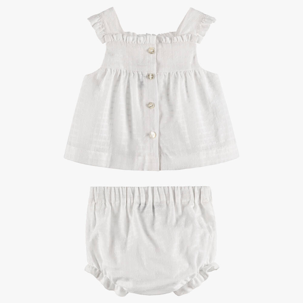 Tartine et Chocolat-Baby Girls White Cotton Smocked Shorts Set | Childrensalon Outlet