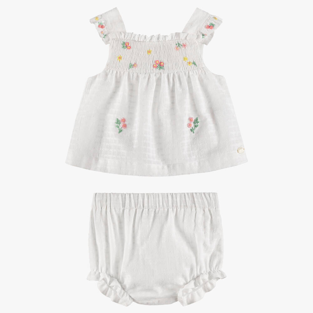 Tartine et Chocolat-Baby Girls White Cotton Smocked Shorts Set | Childrensalon Outlet
