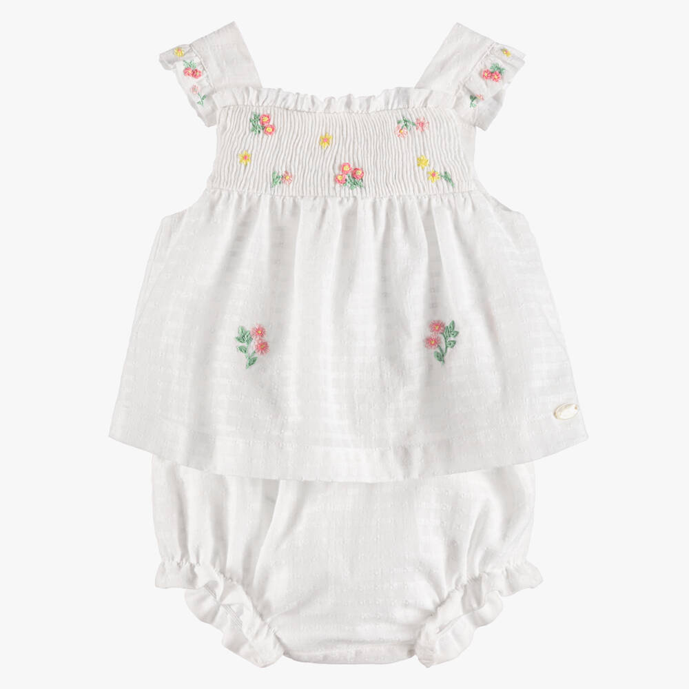 Tartine et Chocolat-Baby Girls White Cotton Smocked Shorts Set | Childrensalon Outlet
