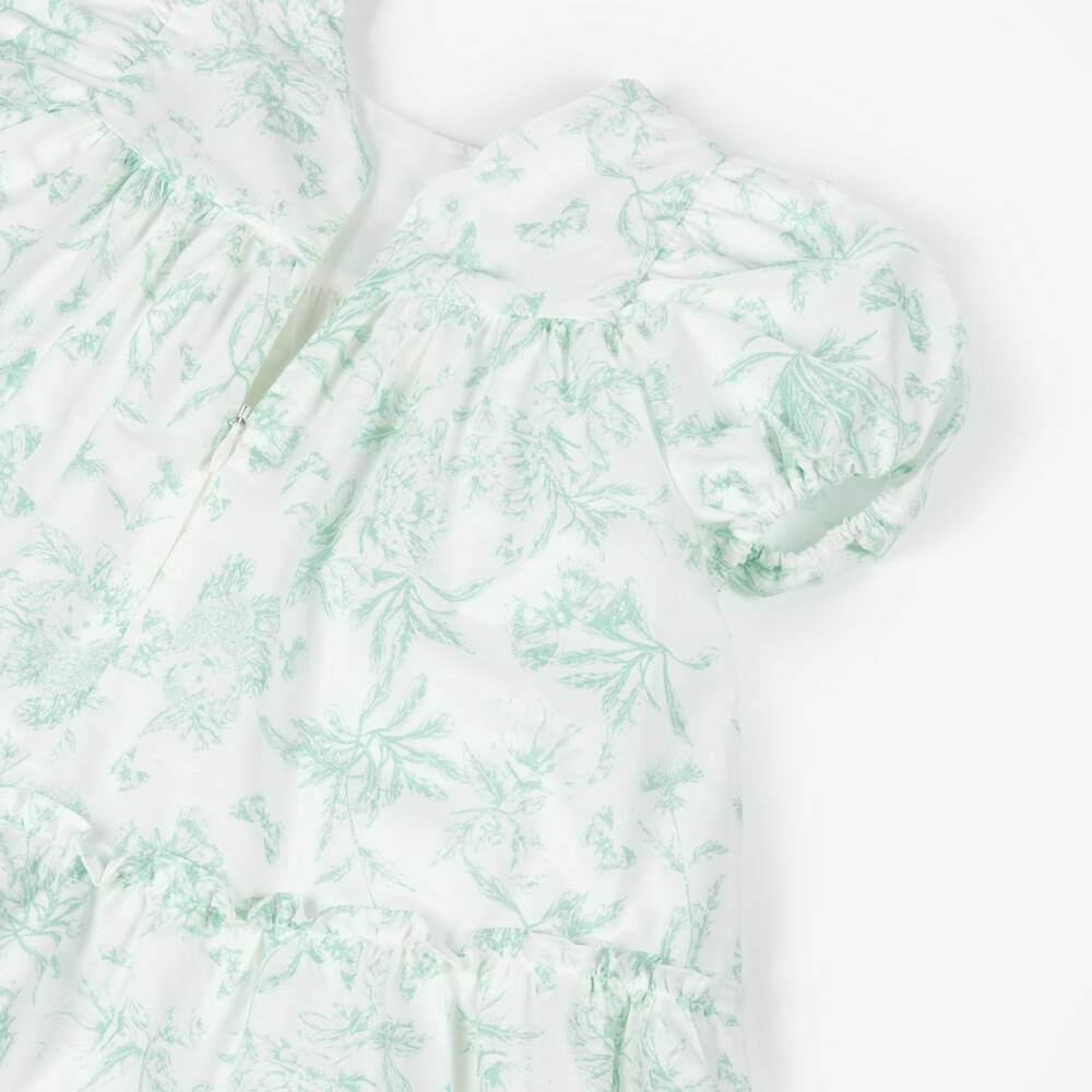 Tartine et Chocolat-Baby Girls White & Green Floral Puffed Sleeve Dress | Childrensalon Outlet
