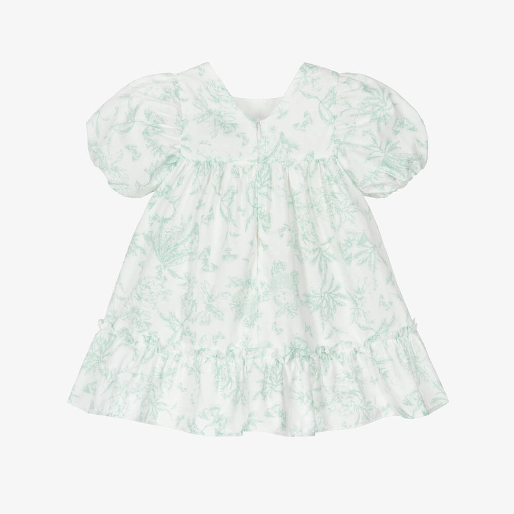 Tartine et Chocolat-Baby Girls White & Green Floral Puffed Sleeve Dress | Childrensalon Outlet