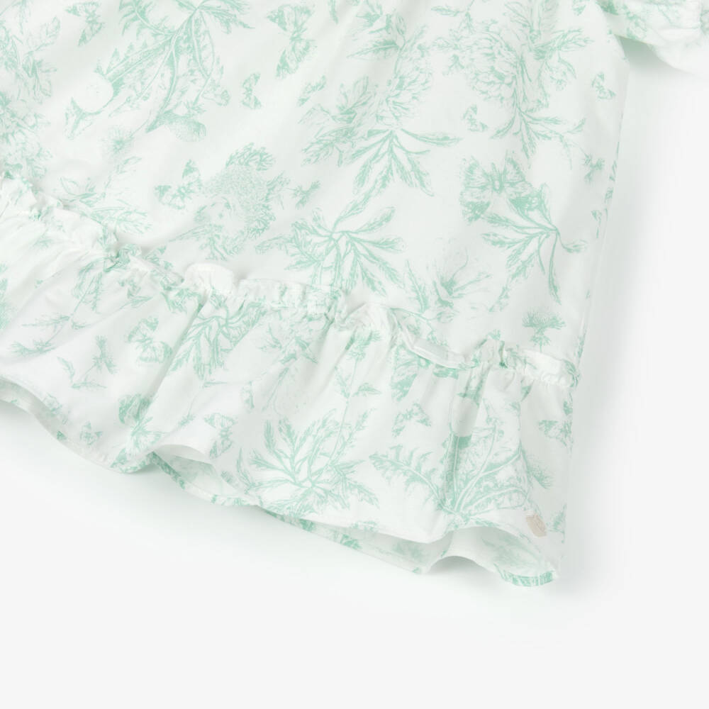 Tartine et Chocolat-Baby Girls White & Green Floral Puffed Sleeve Dress | Childrensalon Outlet