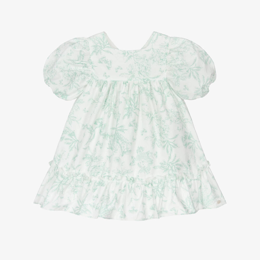 Tartine et Chocolat-Baby Girls White & Green Floral Puffed Sleeve Dress | Childrensalon Outlet