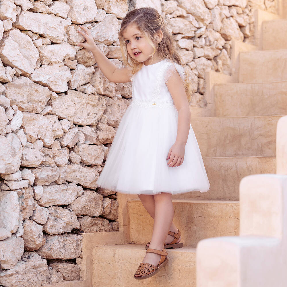 Tartine et Chocolat-Белое платье из тюля с кружевом для малышек | Childrensalon Outlet