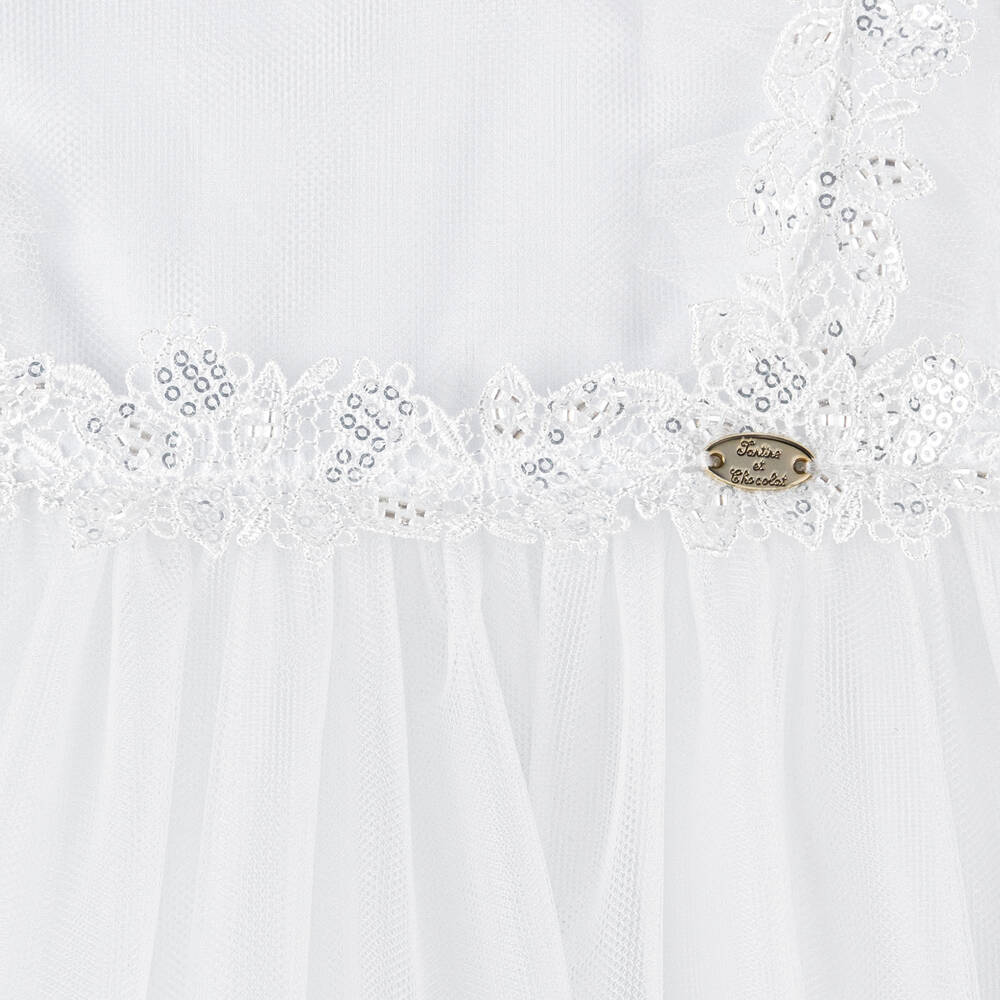 Tartine et Chocolat-Белое платье из тюля с кружевом для малышек | Childrensalon Outlet