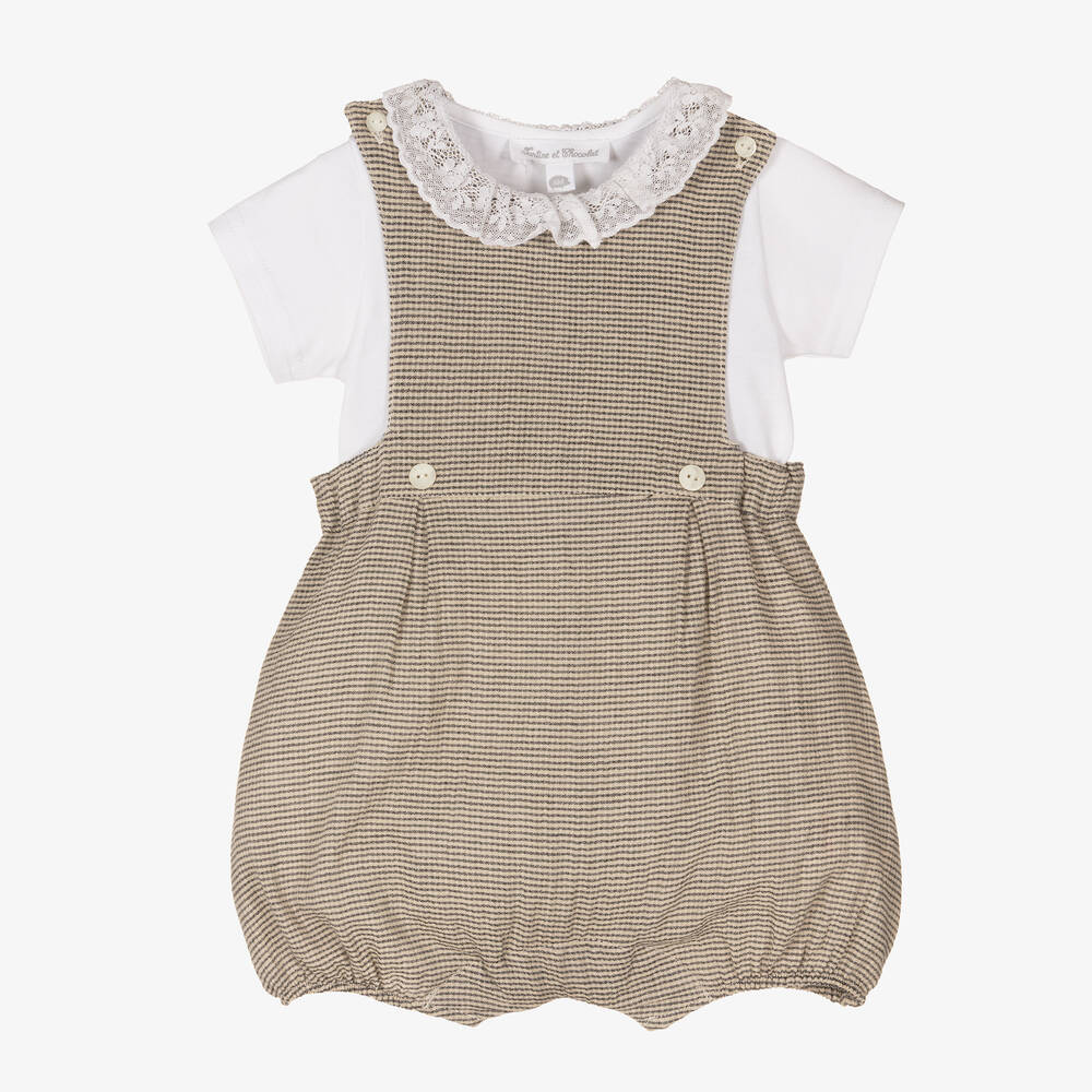 Tartine et Chocolat - Beige Cotton Baby Dungaree Shortie | Childrensalon