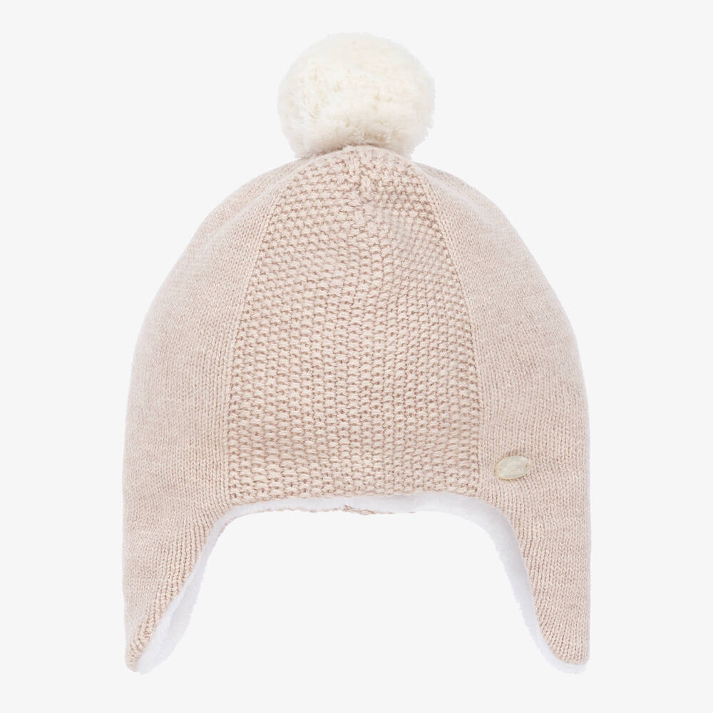 Tartine et Chocolat - Beige Cotton & Wool Knitted Pom-Pom Hat | Childrensalon