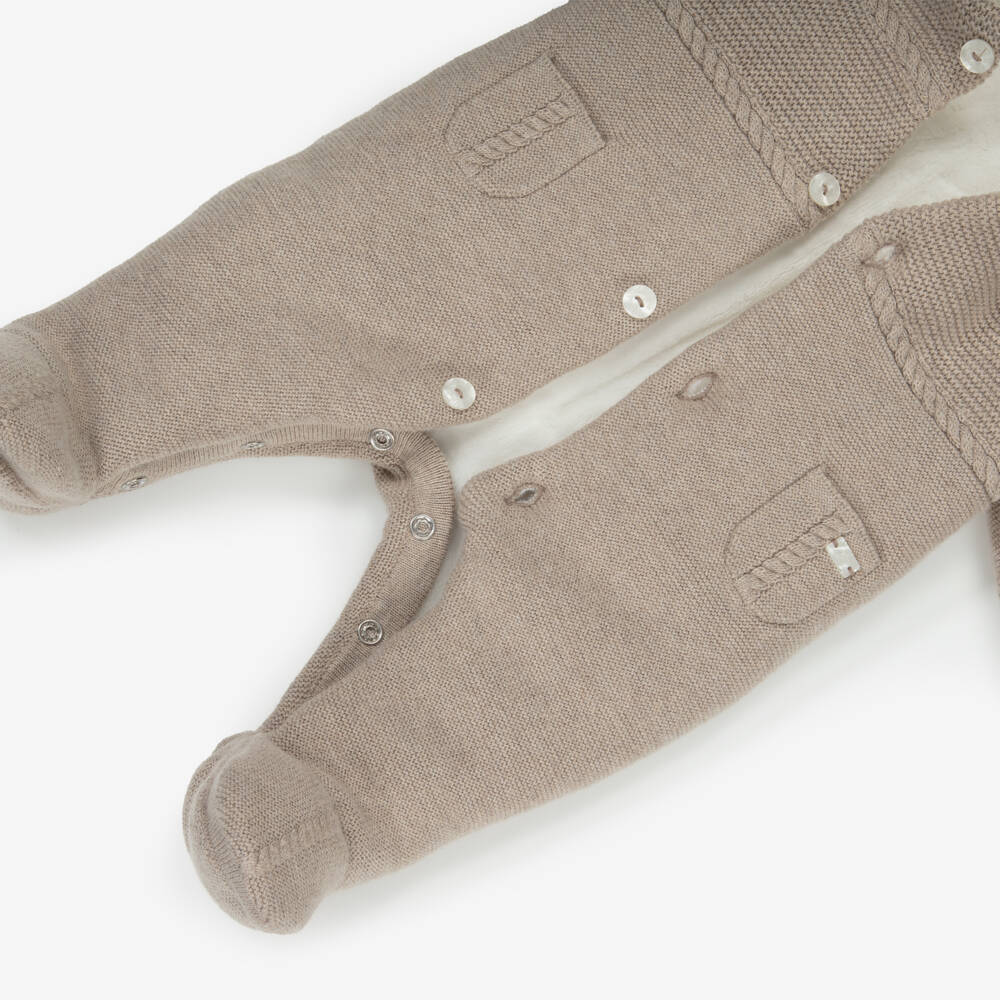 Tartine et Chocolat-Beige Knitted Cotton Pramsuit with Hood & Fux Fur Trims | Childrensalon Outlet