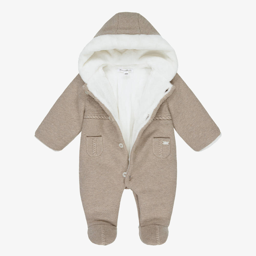 Tartine et Chocolat-Beige Knitted Cotton Pramsuit with Hood & Fux Fur Trims | Childrensalon Outlet