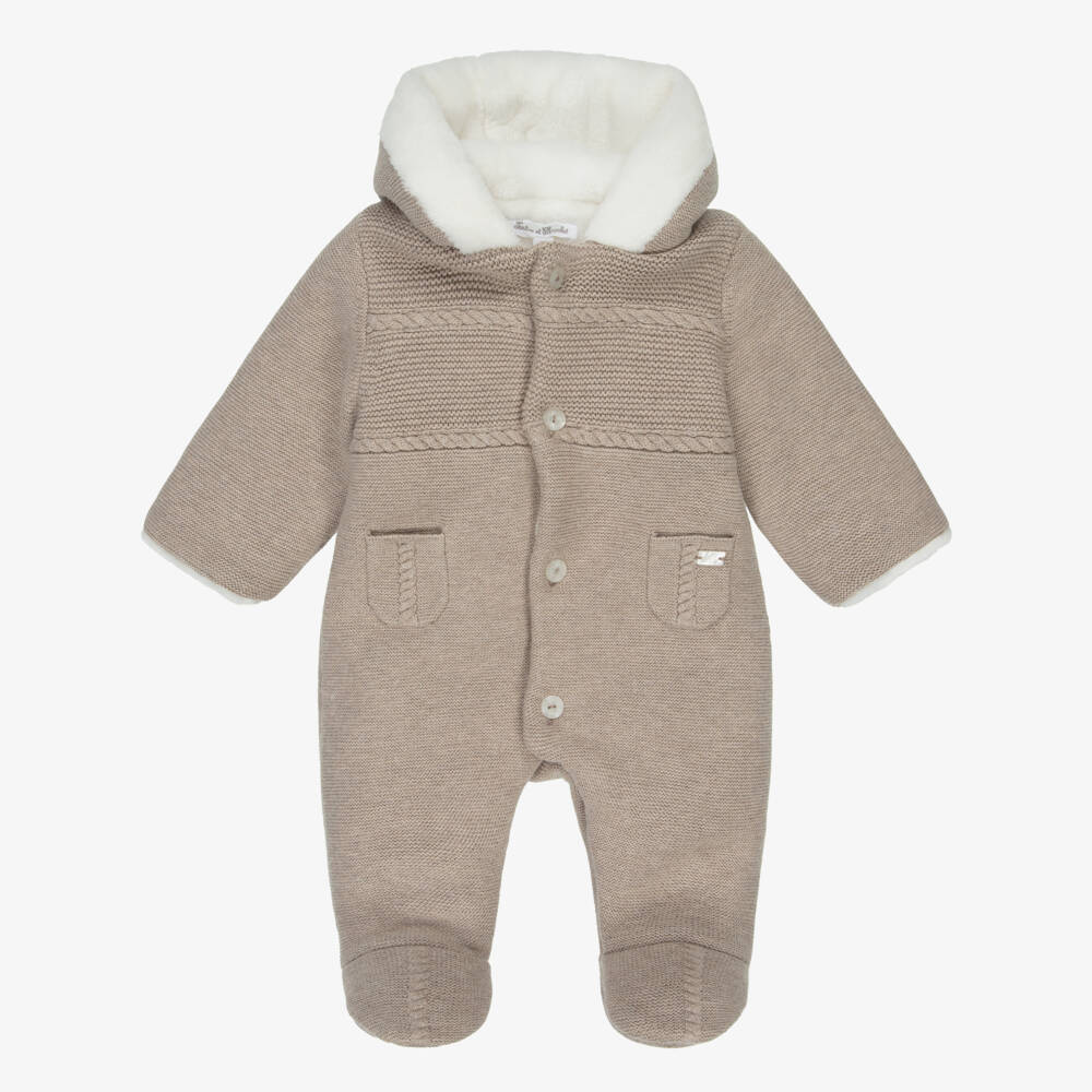 Tartine et Chocolat-Beige Knitted Cotton Pramsuit with Hood & Fux Fur Trims | Childrensalon Outlet