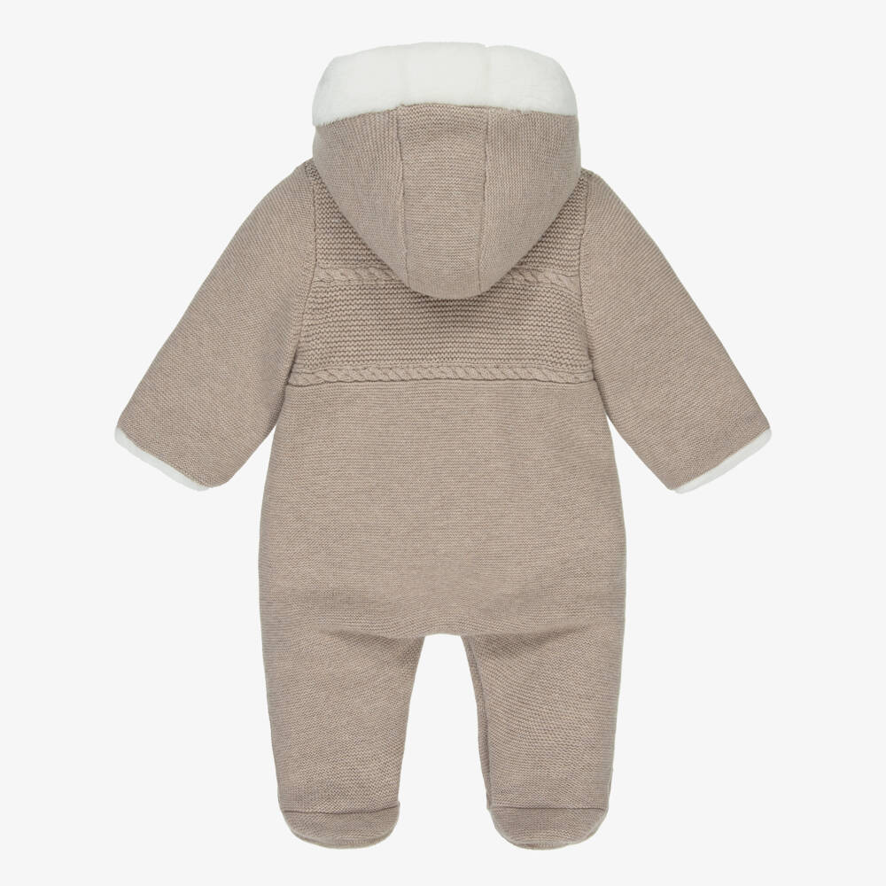 Tartine et Chocolat-Beige Knitted Cotton Pramsuit with Hood & Fux Fur Trims | Childrensalon Outlet