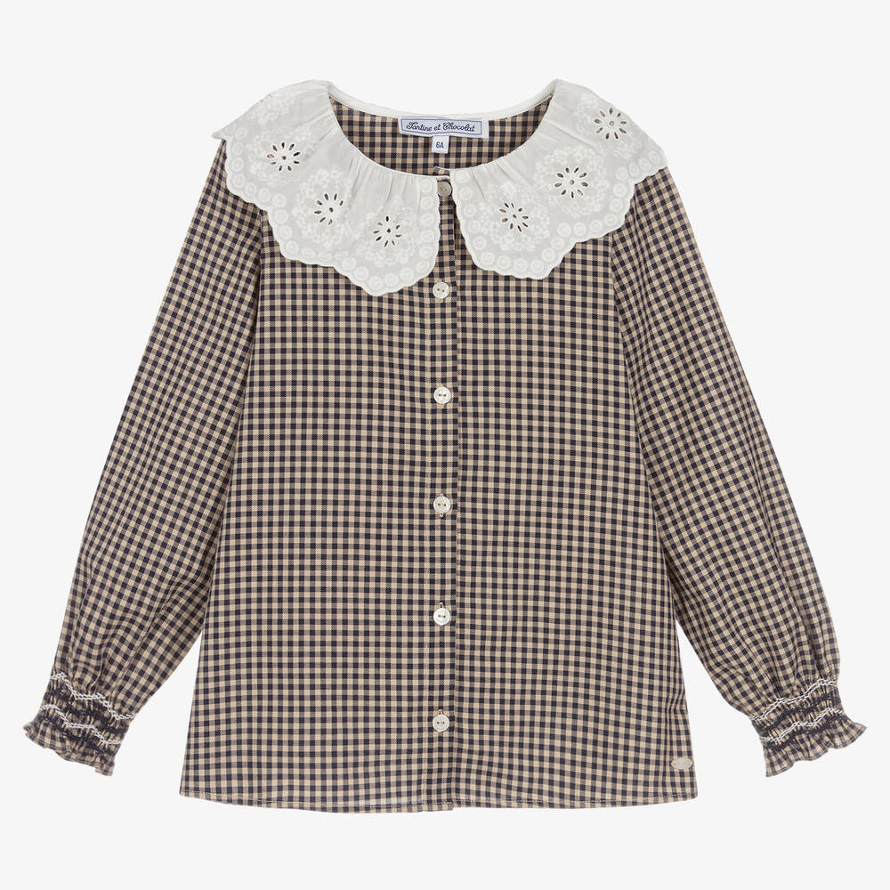 Tartine et Chocolat-Бежево-синяя блузка в мелкую клетку | Childrensalon Outlet
