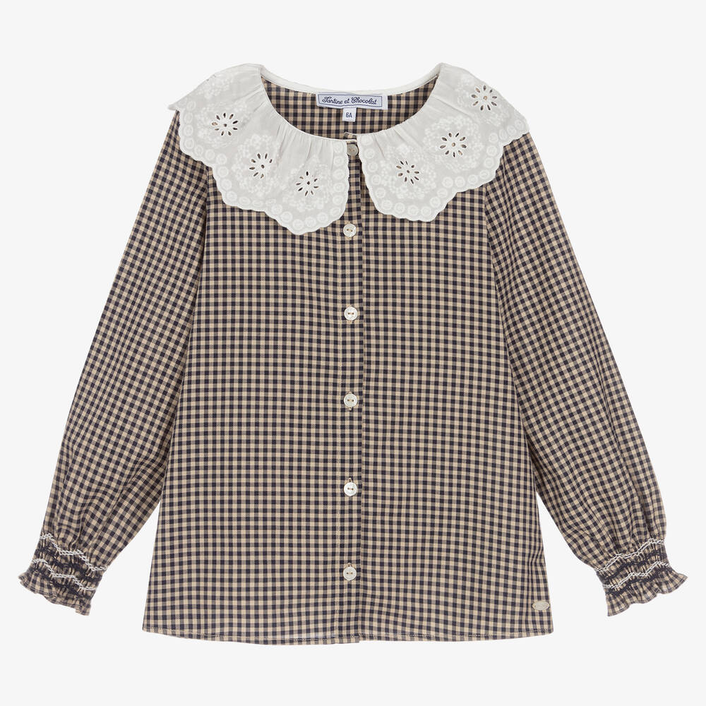 Tartine et Chocolat - Blue & Beige Gingham Blouse | Childrensalon