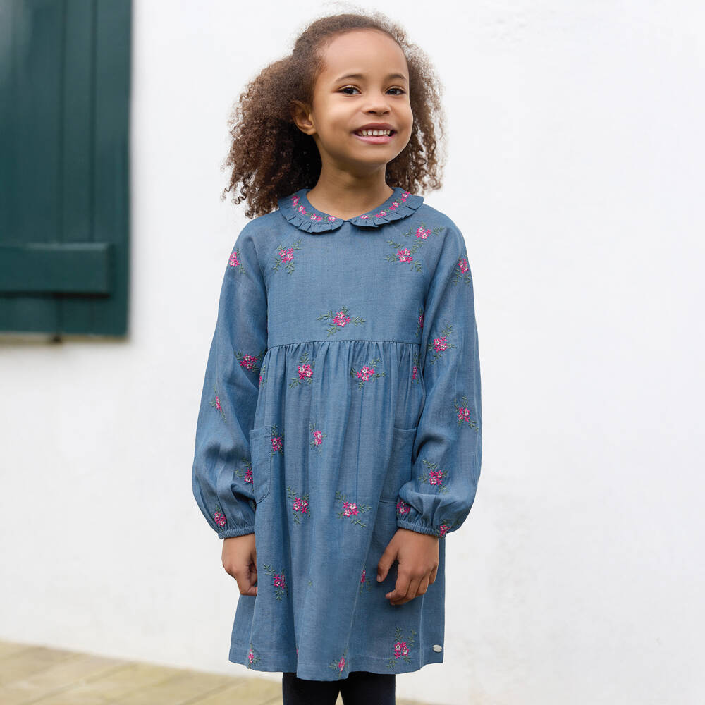 Tartine et Chocolat-Blue Denim Embroidered Dress | Childrensalon Outlet