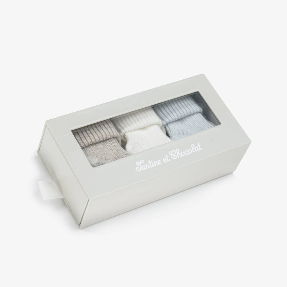 Tartine et Chocolat-Blue, Ivory & Beige Cotton Baby Socks (3 Pack) | Childrensalon Outlet