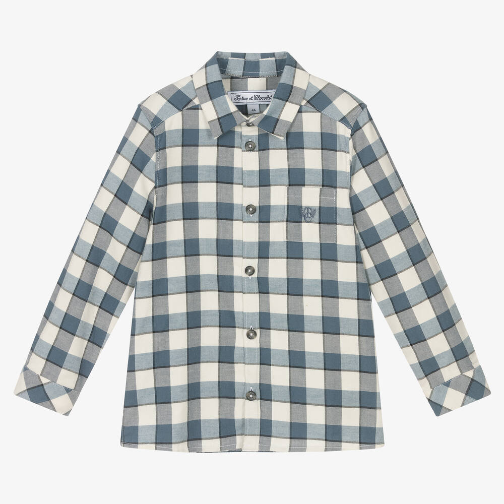 Tartine et Chocolat - Blue & Ivory Check Cotton Shirt | Childrensalon