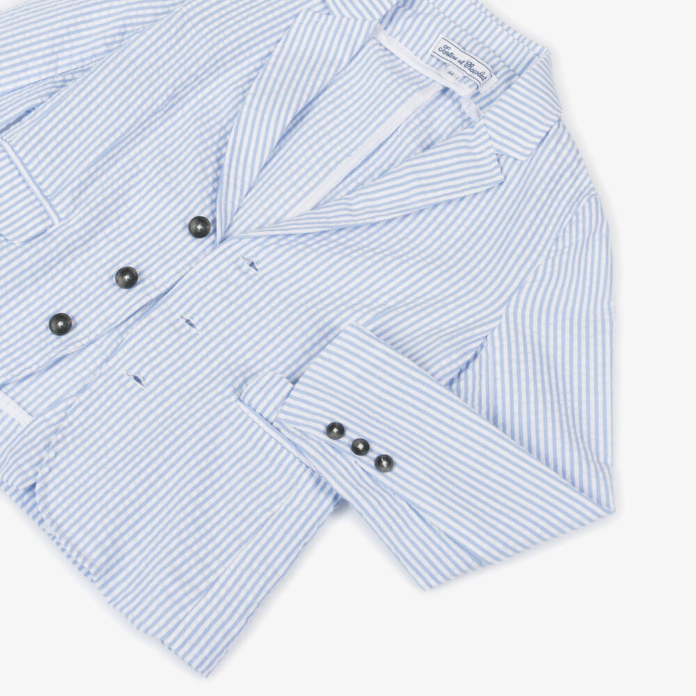 Tartine et Chocolat-جاكيت صبياني مخطط بلون أزرق سماوي من قماش سييرساكر | Childrensalon Outlet