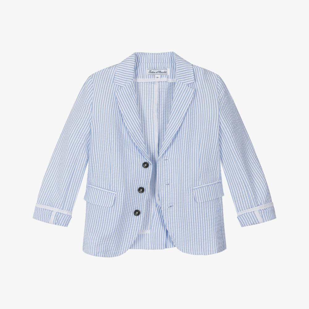 Tartine et Chocolat-جاكيت صبياني مخطط بلون أزرق سماوي من قماش سييرساكر | Childrensalon Outlet