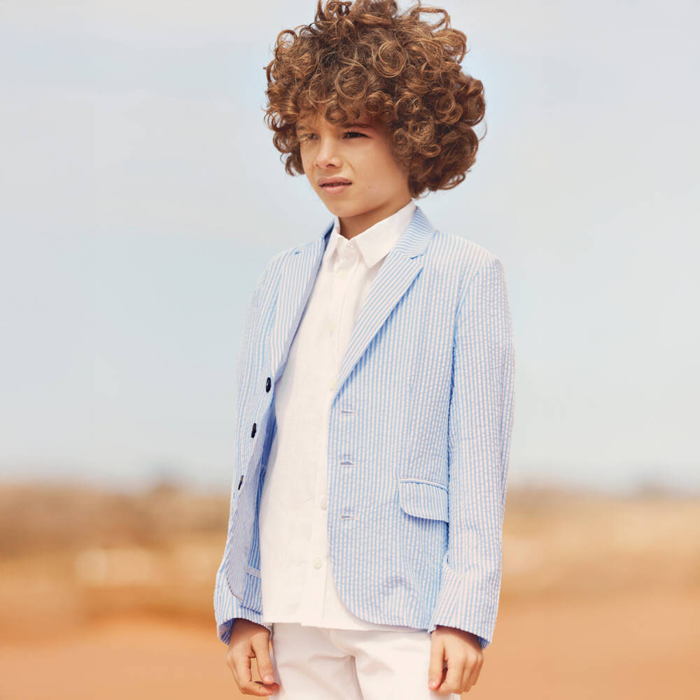 Tartine et Chocolat-جاكيت صبياني مخطط بلون أزرق سماوي من قماش سييرساكر | Childrensalon Outlet